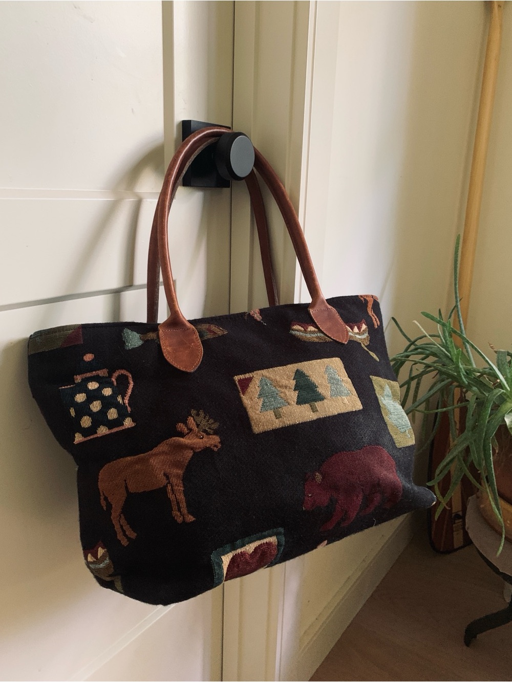 Vintage 90s Orvis Rustic Lodge Tapestry Tote Bag withMoose Bear Leather Handles